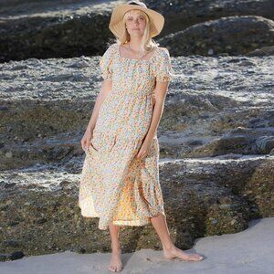 Floral ivory midi dress- bohemian long dress, vacation, dating dress